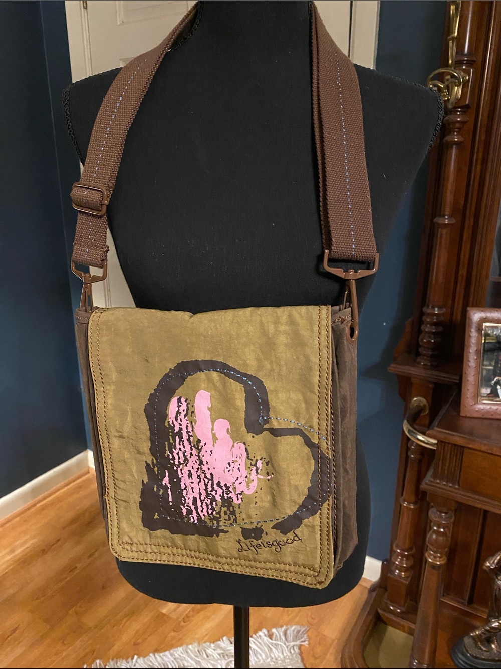 Life is Good Brown Canvas Crossbody Bag with Pink Heart Accent